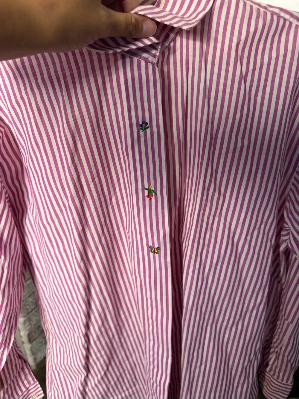 Diane von Furstenberg Pink Stripe Button Down Shirt Embroidered Floral Detail